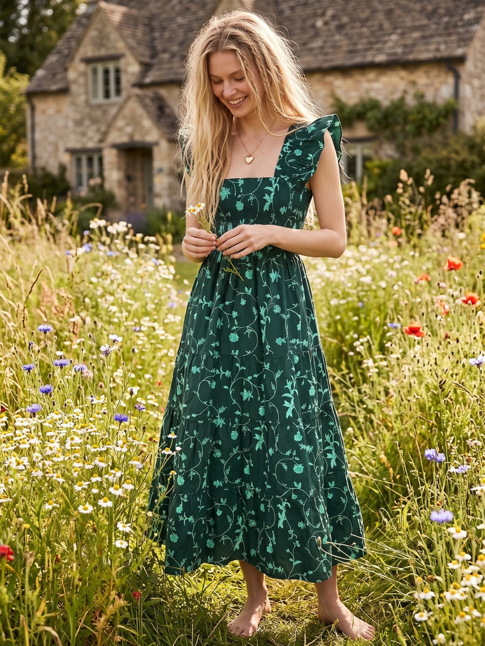 Hill House The Ellie Nap Midi Dress Emerald Green Botanical XS Dainty Holidays